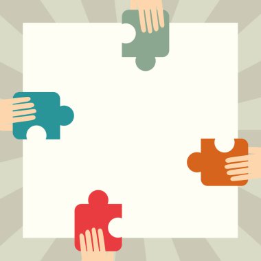 Birbirine yardım eden büyük boş kutunun her iki tarafına da yapboz parçaları tutan ellerin tasviri. Grup Çizgisi Paylaşılan Yeni İnanılmaz Fikirler Birbiri Arasında.