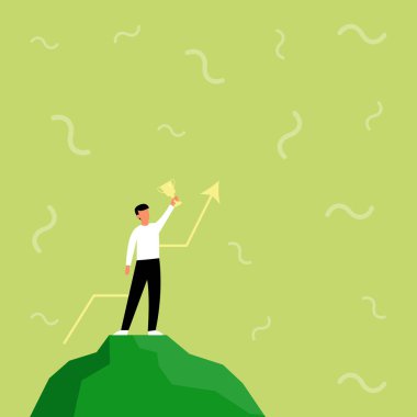 Illustration Of Businessman Standing Alone On Big Rock Proudly Holding Up High Trophy. Man Drawing Top Of Cliff Hanging One Handed Shiny Golden Cup . vector