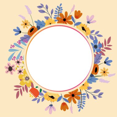 Metin çerçevesi çeşitli çiçek kalpleriyle ve yapraklarla çevrili. Farklı Papatyalar, Kalpler ve Ağaç Yaprakları ile Halkalı Yazma Çerçevesi