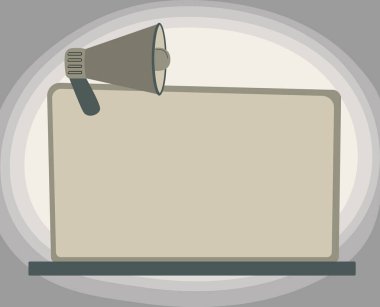 Boş Monitördeki Megafon 'un Halka Yeni Hayret Veren Duyurusu. Bullhorn Çizim Boş Bilgisayar Ekranında Sunar Eski Harika Reklamlar.