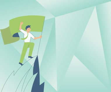 Man On A Mountain Drawing Proud Of His Climbing Success To The Clouds. Athlete On A Cliff Celebrating Achievement Ascending To The Top. Sports Guy Reaching The Sky. vector