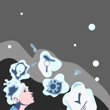 Ayakta Duran Bir Adamın Hayret Verici Fikirleri Var. Eski Harika Planlar İçin Derin Düşünen İşadamı. Guy Çizgi Filmi Beyin Fırtınası Stratejileri.