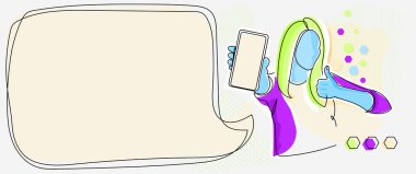 Bayan Holding için çizgi çizimi. Konuşma köpüklü yeni fikirleri sunar. Hareketli Kadın Konuşma Balonuyla Yeni Fikirler Gösteriyor.