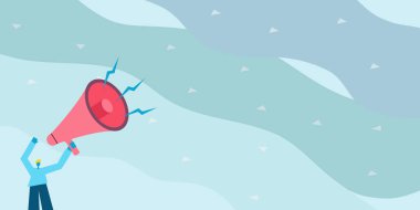 Elinde Megafon tutan bir adamın yeni bir duyuru yaptığı görüntüsü. Centilmen Çizim Diğer Tarafa Görünüyor. Megafon Kullanıyor. Yüksek Sesli Reklam Sunuyor..