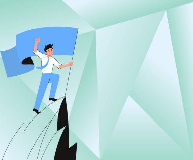 Man On A Mountain Drawing Proud Of His Climbing Success To The Clouds. Athlete On A Cliff Celebrating Achievement Ascending To The Top. Sports Guy Reaching The Sky. vector