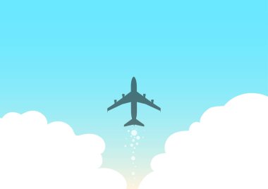 Gökyüzüne doğru hızla havalanan bir uçak tasviri. Gökyüzünde Yüksekten Uçan Uçak Çizimi. Jet Tasarımı Bulutlarla Havada Yüzüyor.