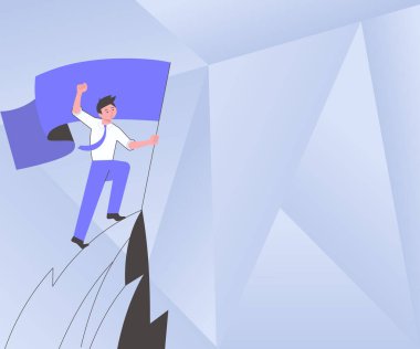 Man On A Mountain Drawing Proud Of His Climbing Success To The Clouds. Athlete On A Cliff Celebrating Achievement Ascending To The Top. Sports Guy Reaching The Sky. vector