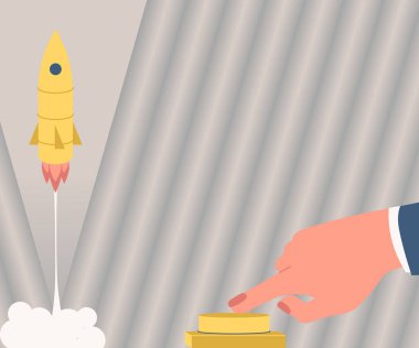 Yeni Ufuklar için roketi uzaya fırlatmak için Man Hand Button 'a basıyor. İşadamı, daha iyi fikirler için uzay mekiğini gökyüzüne doğru itmeye başladı..