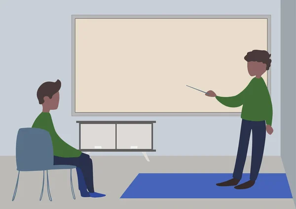 Illustratie van een leraar en student die privé les heeft in een klaslokaal. Instructeur tekenen mentoring zijn leerling bespreken van nieuwe verbazingwekkende lessen. — Stockvector