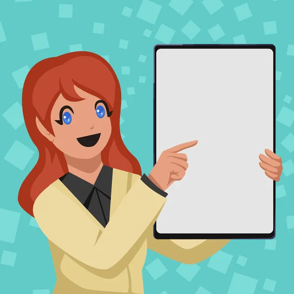 Business Woman Drawing Holding Big Blank White Board Presenta nuovi annunci sorprendenti. Ragazza sorridente che indica sul manifesto vuoto che condivide vecchie idee meravigliose. — Vettoriale Stock