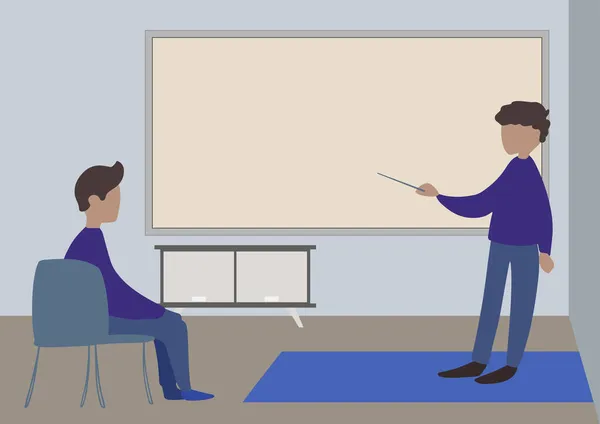 Illustrazione di un insegnante e studente che hanno lezione privatamente all'interno di una classe. Istruttore Disegno Mentoring suo allievo Discutendo nuove lezioni incredibili. — Vettoriale Stock