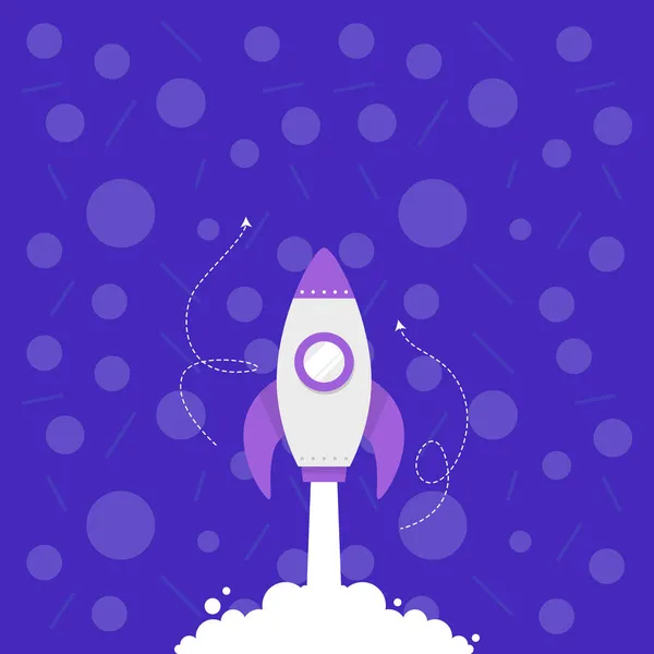 Illustratie van raketschip lanceert snel recht naar de buitenruimte. Ruimteschip tekent hoog in de lucht. Space Shuttle Cartoon zweven bij de lucht. — Stockvector