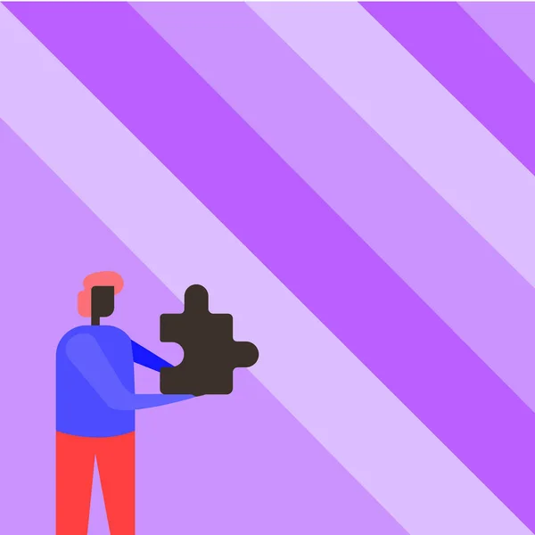 Business Man Holding Jigsaw Puzzel stuk Ontgrendelen van nieuwe futuristische technologieën. Man dragen van puzzels Deel Weergave Oplossen van late innovatieve virtuele ideeën. — Stockvector