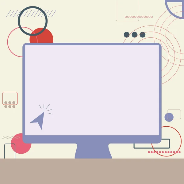 Ilustracja kursora w dużym pustym ekranie Monitor poszukiwania nowych wspaniałych pomysłów. Pusty telewizor rysunek z Pointer Znalezienie starego niesamowite koncepcja. — Wektor stockowy