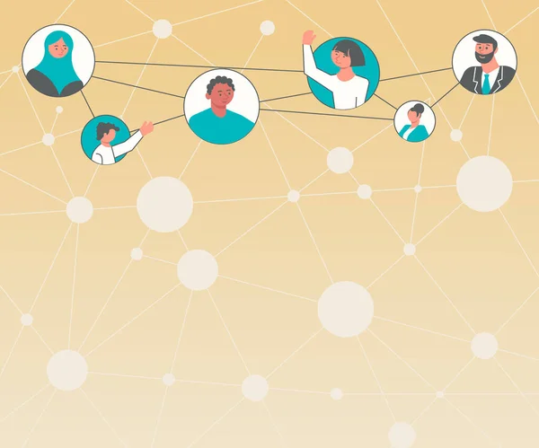 Diferentes personas en círculos charlando juntos y conectados a través de las redes sociales. Grupo de equipos que se conectan entre sí con los mismos canales. — Vector de stock