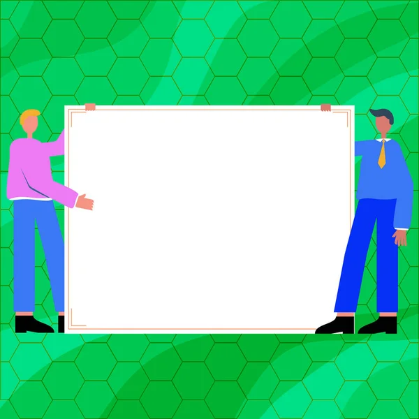 Dos hombres dibujando con un fondo de papel vacío presentando nuevas ideas. Gentleman Holding Large Paper Mostrando nuevos desarrollos. Colegas Lluvia de ideas Pensamientos recientes. — Vector de stock