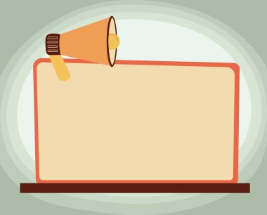 Boş Monitördeki Megafon 'un Halka Yeni Hayret Veren Duyurusu. Bullhorn Çizim Boş Bilgisayar Ekranında Sunar Eski Harika Reklamlar.