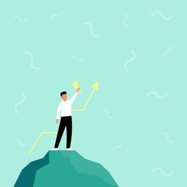 Illustration Of Businessman Standing Alone On Big Rock Proudly Holding Up High Trophy. Man Drawing Top Of Cliff Hanging One Handed Shiny Golden Cup . vector