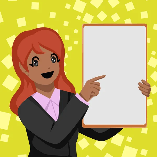 Business Woman Drawing Holding Big Blank White Board Παρουσιάζοντας νέες εκπληκτικές ανακοινώσεις. Χαμογελώντας κορίτσι επισημαίνοντας κενό αφίσας μοιράζονται παλιές υπέροχες ιδέες. — Διανυσματικό Αρχείο