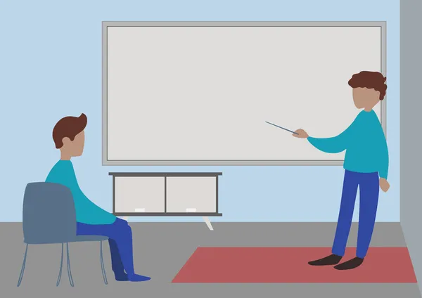 Ilustrace učitele a studenta, kteří mají soukromou hodinu ve třídě A. Instruktor kreslení mentoring jeho žák Diskuse o nové úžasné lekce. — Stockový vektor