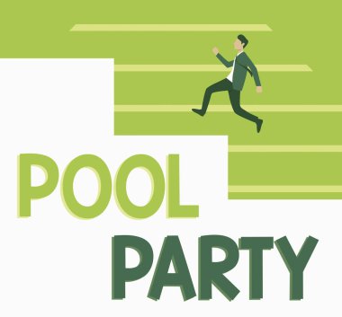 Metin başlığı Havuz Partisini sunar. Büyük Merdiven Basamaklarında Yukarı Koşan Takım Elbiseli Centilmen 'in yüzme havuzunda aktif olanları da kapsayan bir kutlama kelimesi..