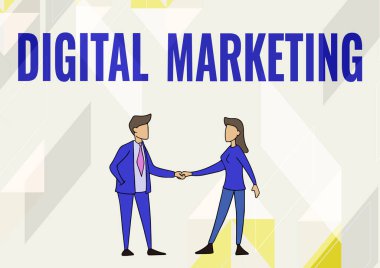 Metin işareti Dijital Pazarlamayı gösteriyor. İnternet Kavramsal Piyasa Ürünleri veya Hizmetleri, Birbirine Karşı Yüzleşen İnternet Adam ve Kadın Üzerine Teknoloji Kullanıyor.