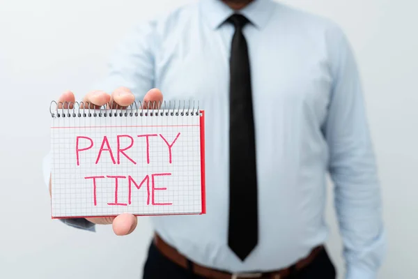 Scrivere la visualizzazione del testo Party Time. Business vetrina il momento giusto per festeggiare e divertirsi in un evento sociale Presentare nuovi piani e idee Dimostrare processo di pianificazione — Foto Stock