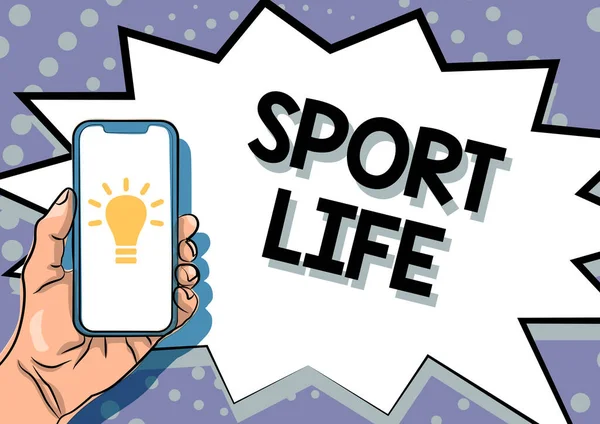 Kézírás szöveg Sport Life. Üzleti koncepció Sport- vagy egyéb szabadtéri tevékenységek kedvelése Fizikailag aktív Megjelenítés Fontos információk, Okostelefon bejelentések bemutatása — Stock Fotó