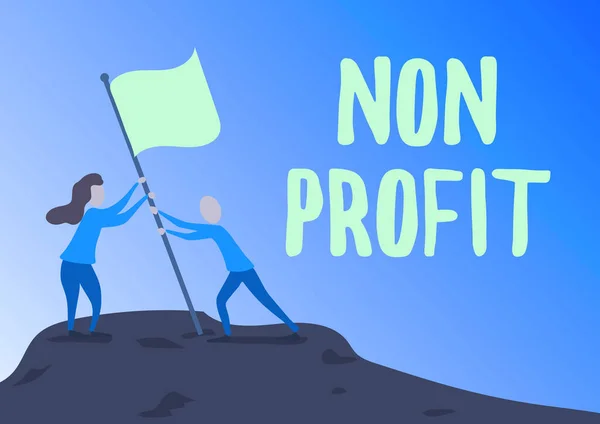 Conceptual display Non Profit. Word for type of organization that does not earn profits for its owners Man And Woman Drawing Standing Setting Up Flag On Peak Of Mountain.