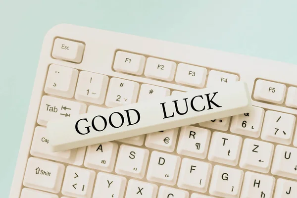 Hand writing sign Good Luck. Internet Concept wish a positive fortune or a happy outcome that a person can have Typing Device Instruction Manual, Posting Product Review Online