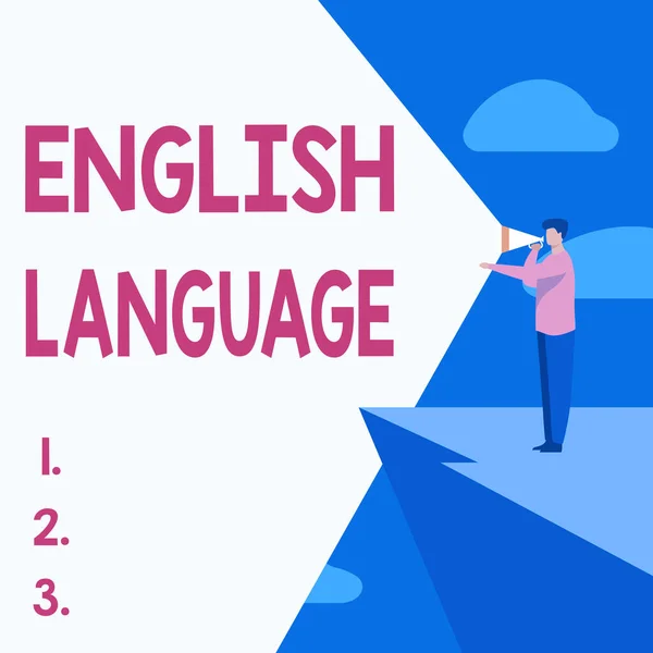 Testo che mostra ispirazione Lingua inglese. Idea di business terza lingua madre parlata nel mondo dopo cinese e spagnolo uomo d'affari disegno in piedi nella scogliera utilizzando Megaphone fare annuncio. — Foto Stock