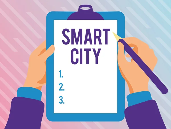 Tekst pisma Smart City. Przegląd biznesowy obszar miejski, który wykorzystuje inny elektroniczny Internet rzeczy Odtwarzanie klawiatury Wpisz grę, Tworzenie i przetwarzanie dokumentów cyfrowych — Zdjęcie stockowe