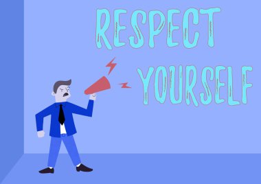 İlham veren bir metin Kendine Saygı göster. Size iyi davranılması ve iyi davranılması gerektiğine inandığımız bir iş fikri. Megafonun başında dikilen adam yeni duyuruyu sunuyor..