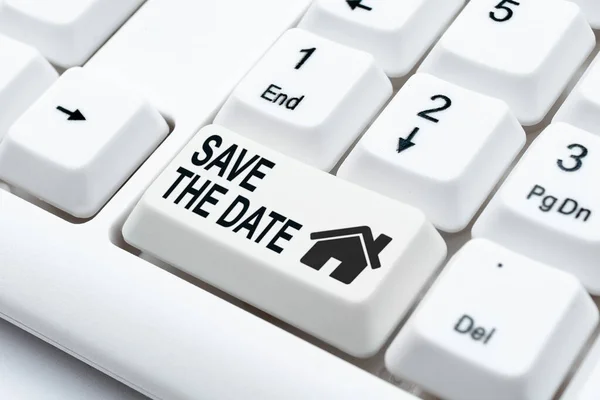 Texto escrito à mão Save The Date. Visão geral do negócio Organizar eventos bem fazer dia organizadores de eventos especiais Criando Online Chat Platform Program, Typing Science Fiction Novel — Fotografia de Stock