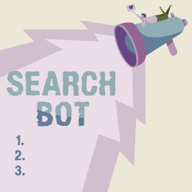 Arama Robotunu gösteren metin işareti. İş fikri. Otomatik görevleri internet ya da ağ üzerinden yürüten bir program. Megafon üzerine çizim yapan, Işıklandırma Güzel Mesaj Yapan bir program..