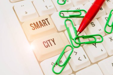 Akıllı Şehir kavramsal görüntüsü. Sanal Muhasebe yapmak, Yeni Ürünleri Online Listelemek gibi konularda farklı elektronik internet kullanan iş yaklaşımı kentsel alanı