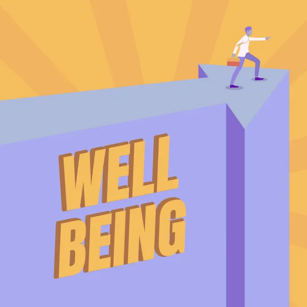 Conceptual display Well Being. Business concept A good or satisfactory condition of existence including health Man Illustration Carrying Suitcase On Top Of Arrow Showing New Phase Targets. — Stock Photo, Image