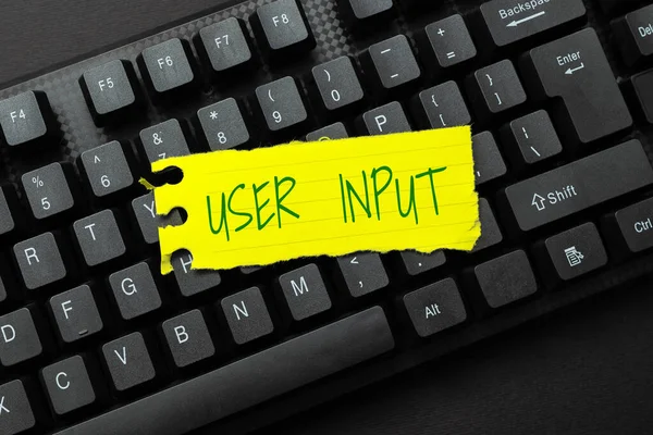 Subtítulos Conceptual User Input. Descripción general de la empresa Cualquier información o datos que se envíen a un ordenador para su procesamiento Escribir notas de revisión de clase en línea, volver a escribir abstracto Pistas de subtítulos — Foto de Stock