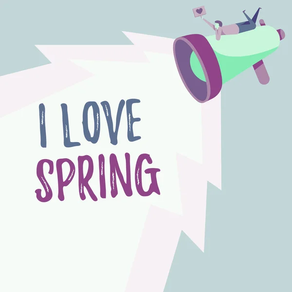 Testo calligrafico I Love Spring. Internet Concept raccontando perché avere un forte affetto per questa stagione Man Drawing On Megaphone Producing Lighting Making Lovely Message. — Foto Stock