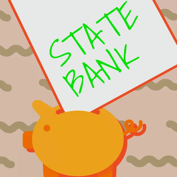 Skriver tekst som State Bank. Forretningsutstillinger vanligvis en finansinstitusjon som leies ut av en stat. Trekking av grisebank med store ark med papirstuck i hullet. – stockfoto
