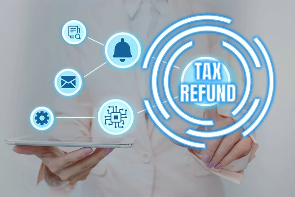 배포판은 다음을 가리키는 말이다. Business overview refund on tax force when the tax liability is less than the tax paid Lady Holding Tablet Pressing On Virtual Button show Futuristic Tech. — 스톡 사진