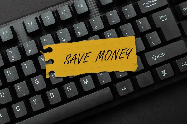 Handschriftlicher Text spart Geld. Konzeptfotos speichern Sie einen Teil Ihres Geldes jeden Monat, um es später zu verwenden. — Stockfoto