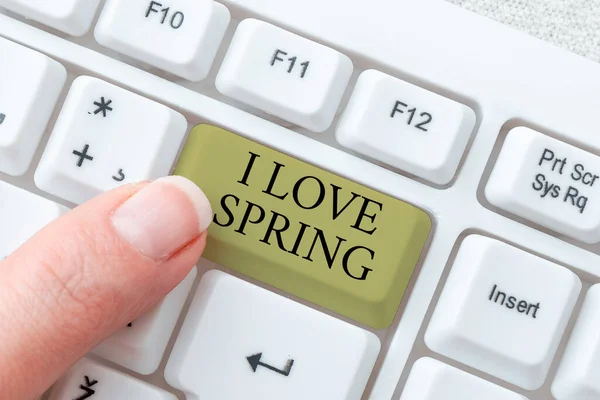 Text bildtext som presenterar I Love Spring. Word Skrivet om att berätta varför ha en stark tillgivenhet till den här säsongen Typist Skapa Företags Dokument, Abstrakta hastighet skriva idéer — Stockfoto