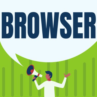 Browser işaretini gösteren bir ilham. İş fikri bilgisayarı programı HTML dosyalarını görüntüleyen grafiksel kullanıcı arayüzü Büyük Konuşma Baloncuğu Gösteren Megafonu Çizen Adam.