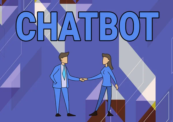 文字显示的灵感Chatbot 。用一种计算机模拟人类对话的文字，男人和女人手牵着手站在一起. — 图库照片