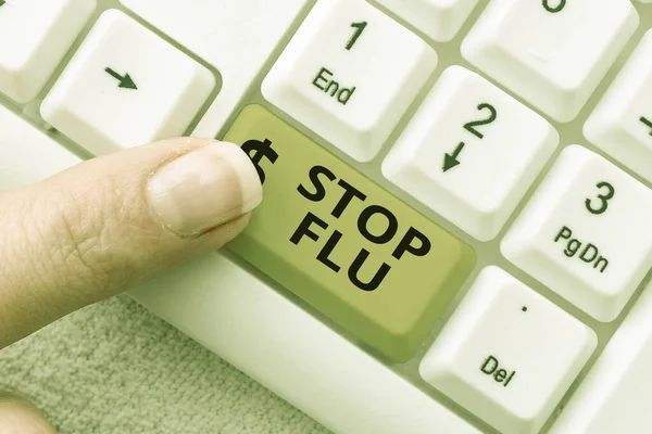 Sign displaying Stop Flu. Concept meaning Treat the contagious respiratory illness caused by influenza virus Online Documentation Ideas, Uploading Important Files To The Internet — Stock Photo, Image