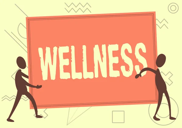 Wellness felirat megjelenítése. Üzleti ötlet állapot, hogy jó egészségnek örvend, különösen, mint aktívan követett cél Két kolléga Álló hordozó nagy üres fórumon Mutató Egység. — Stock Fotó
