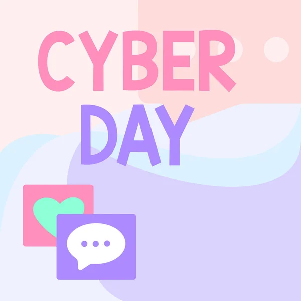 Text bildtext som presenterar Cyber Day. Ord för marknadsföring term för måndag efter Thanksgiving i USA Meddelande S Ritning med tal bubblor med hjärta symboler. — Stockfoto