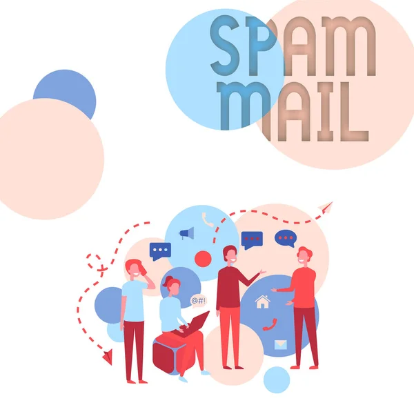 Podpis tekstowy przedstawiający Spam Mail. Koncepcja biznesowa Wścibska reklama Niewłaściwe wiadomości wysyłane w Internecie Czterej koledzy Ilustracja Rozmowy Burza mózgów Nowe pomysły. — Zdjęcie stockowe