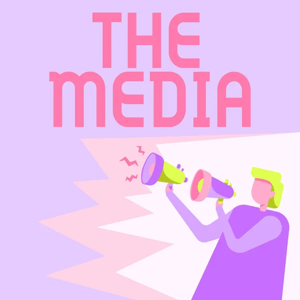 Conceptual display The Media. Concept meaning main means of mass communication that are regarded collectively Businessman Drawing Holding A Pair Of Megaphones Making New Announcement. — Stock Photo, Image